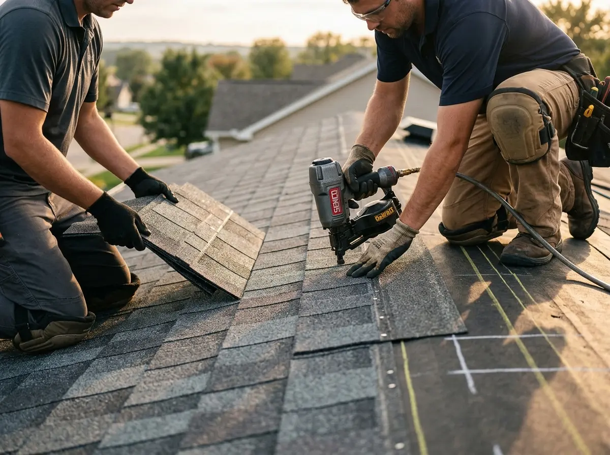 Professional roofer working on a residential roof in Palm Valley
